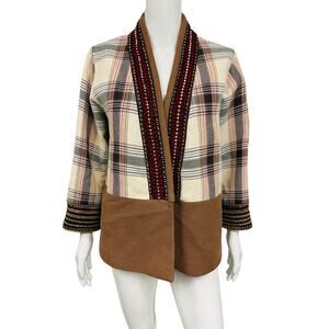 ETRO Beige Cotton Checkered Paneled Beaded Tribal Trim Kimono Jacket EU 46 US 10